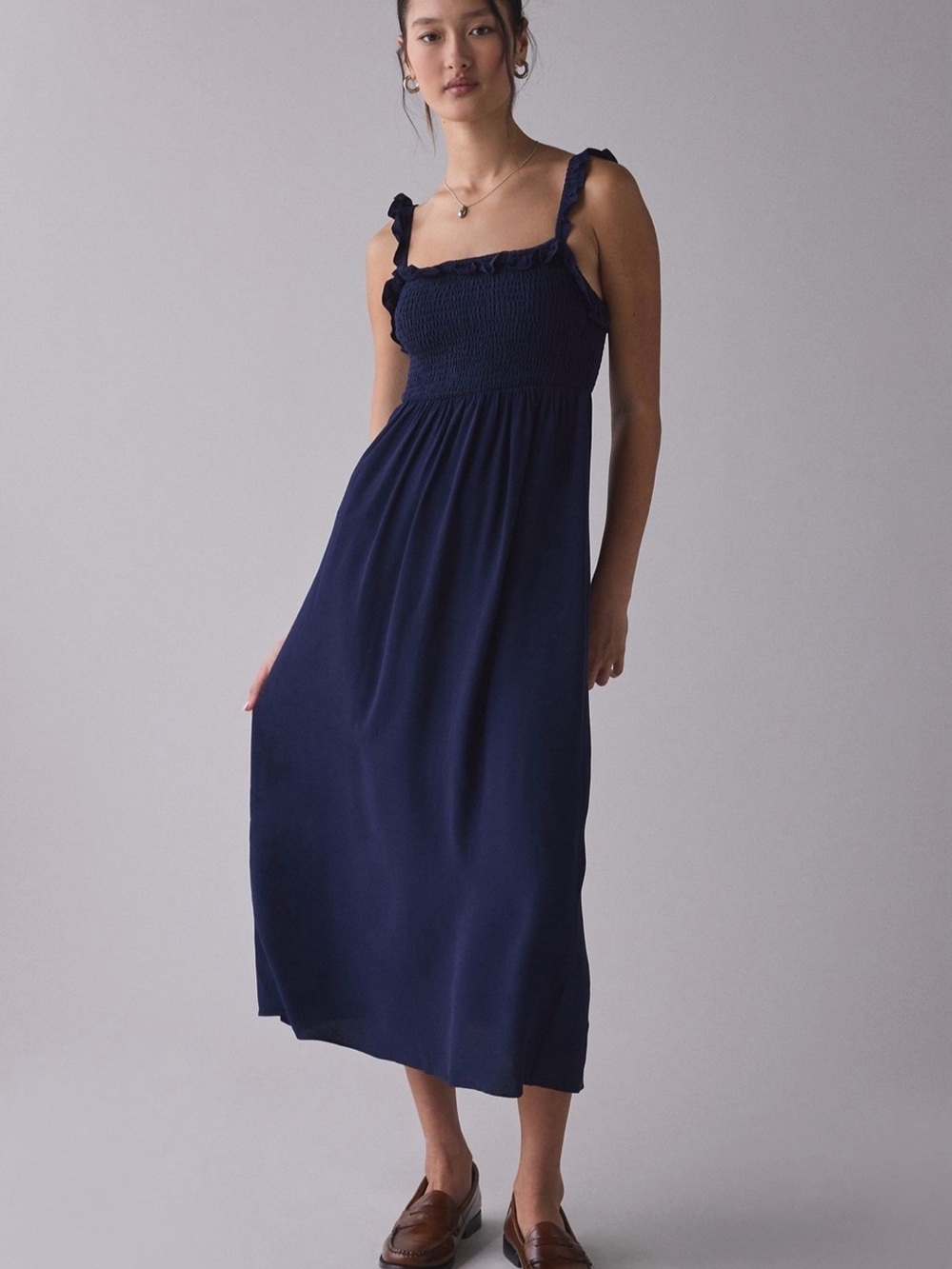 Urban Outfitters Selene Smocked Square Neck Ruffle Midi Dress